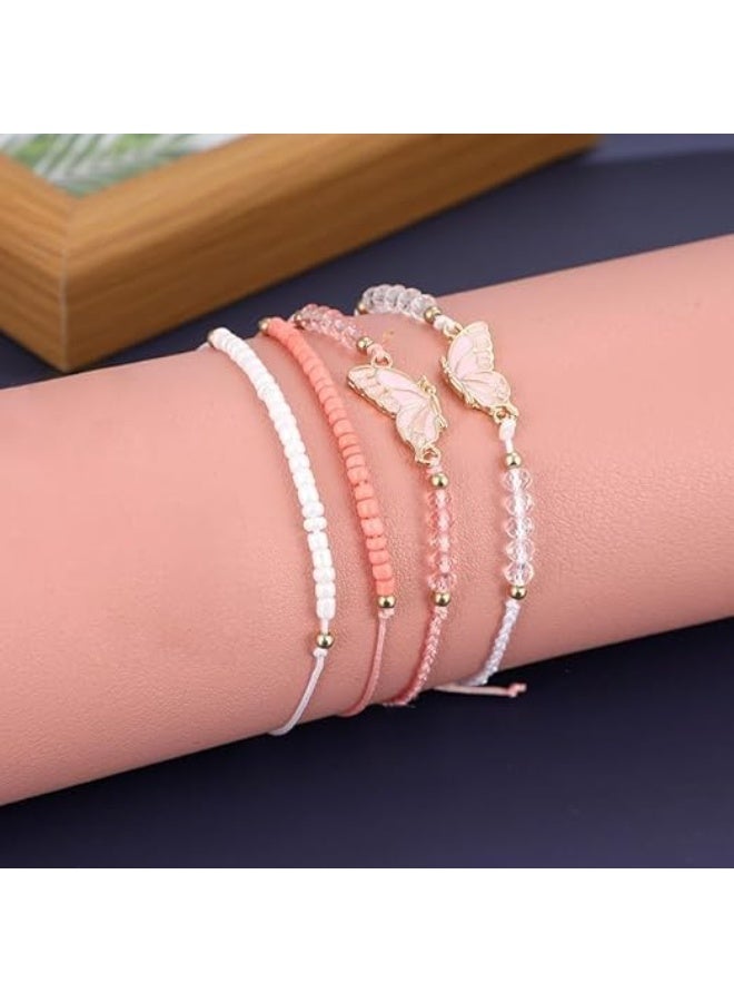 CLENEA BFF Bracelets for 2, Butterfly Matching Bracelets, Set of 4 Adjustable Strand, Best Friends Bracelet, Friendship Bracelets, Braided Rope, Jewelry Gifts, for Teen Girls Women Couples, Pink and White - Image 5